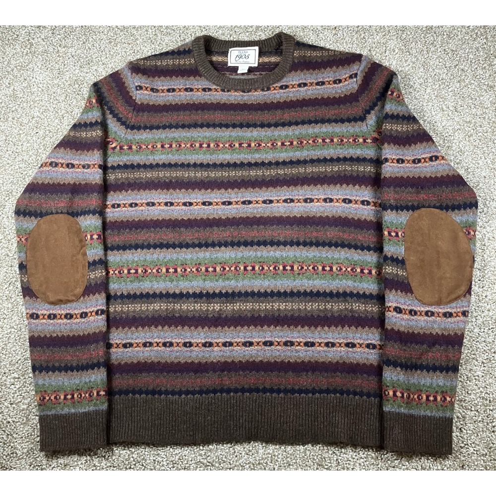 Jos A Bank 1905 Mens XL Fair Isle Wool Blend Sweater Brown Elbow Patches